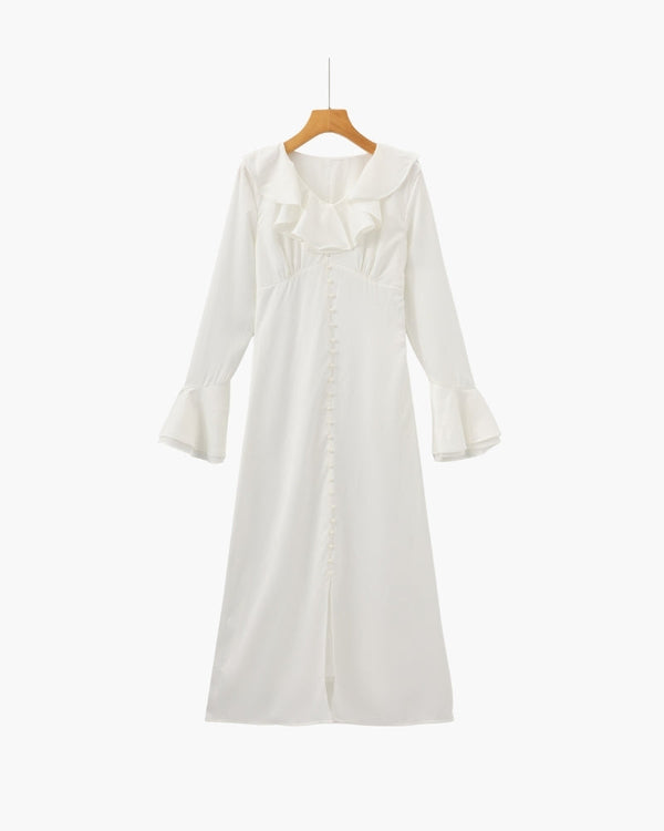 Pearl Button Ruffle Midi Dress