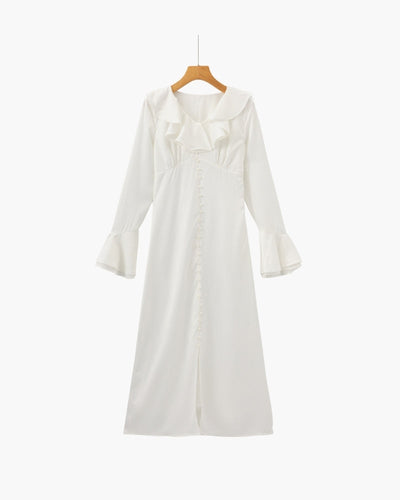 Pearl Button Ruffle Midi Dress