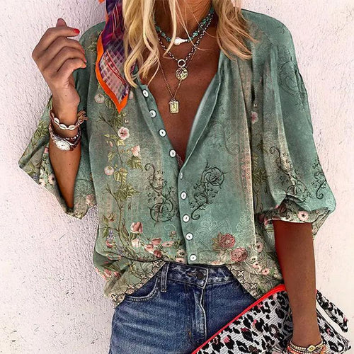 Isla | Boho Print Bell Sleeve V-Neck Blouse