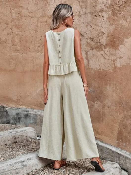 Sage | Sleeveless Ruffle Top & Wide Leg Pants Set