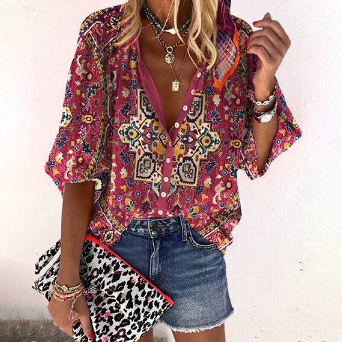 Isla | Boho Print Bell Sleeve V-Neck Blouse