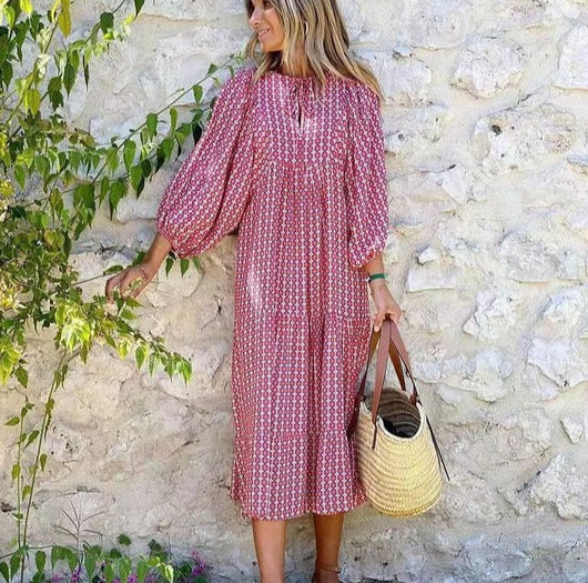 Flora | Puff Sleeve Boho Printed V-Neck Maxi Dress